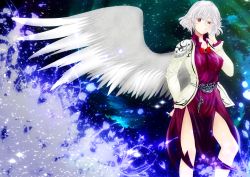 Rule 34 | 1girl, blush, bow, bowtie, dress, hand on own face, highres, jacket, kishin sagume, long sleeves, looking at viewer, open clothes, purple dress, red eyes, short hair, silver hair, single wing, solo, tk31, touhou, wings