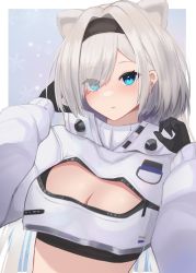 Rule 34 | 1girl, animal ears, arknights, aurora (arknights), bear ears, black gloves, black hairband, blue eyes, breasts, cleavage, commentary request, crop top, cropped jacket, gloves, hair over one eye, hairband, hands up, highres, jacket, long hair, long sleeves, looking at viewer, midriff, parted lips, partial commentary, sanukiske, solo, upper body, very long hair, white hair, white jacket