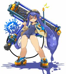 Rule 34 | 1girl, blue hair, blush, dynamo roller, fang, full body, goggles, goggles on head, holding, inkling, inkling girl, inkling player character, jacket, karukan (monjya), long hair, md5 mismatch, monster girl, nintendo, one-piece swimsuit, paint, paint roller, paint splatter, pointy ears, red eyes, school swimsuit, simple background, solo, splatoon (series), splatoon 1, standing, swimsuit, tentacle hair