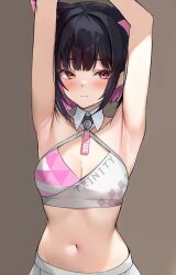 Rule 34 | 1girl, animal ears, armpits, arms up, bare arms, bare shoulders, black hair, blue archive, blush, bob cut, breasts, cat ears, cleavage, collarbone, colored inner hair, cosplay, hibiki (blue archive), highres, kazusa (blue archive), looking at viewer, marisasu (marisa0904), medium breasts, multicolored hair, navel, pink eyes, pink hair, short hair, skirt, solo, two-tone hair, white skirt