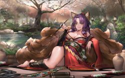 Rule 34 | 1girl, absurdres, animal ears, bare shoulders, barefoot, book, breasts, cherry blossoms, cleavage, commission, fox ears, fox tail, hand up, highres, holding, japanese clothes, kamidori alchemy meister, kimono, kiseru, kitsune, kohakuren, kyuubi, lamp, large breasts, long hair, looking at viewer, multiple tails, neonbeat, obi, off shoulder, outdoors, pot, purple hair, reclining, red kimono, river, sash, scroll, side slit, smile, smoking pipe, solo, tail, thighs, tree, water, wide sleeves, yellow eyes