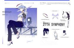 Rule 34 | 1girl, absurdres, alternate costume, aqua eyes, blue hair, blue pants, breasts, cleavage, dino (dinoartforame), english text, full body, gloves, hair between eyes, halo, head wings, high heels, highres, honkai: star rail, honkai (series), lace, lace gloves, looking at viewer, mechanical arms, medium breasts, navel, pants, robin (honkai: star rail), single mechanical arm, sitting, smile, solo, stomach, white footwear, white gloves, white wings, wings