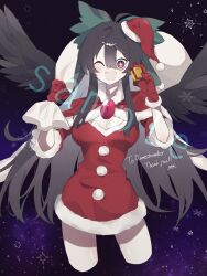 Rule 34 | 1girl, bird wings, black hair, black wings, blush, bow, box, breasts, cleavage, commission, cowboy shot, cropped legs, fang, feathered wings, gift, gift box, gloves, green bow, hair between eyes, hair bow, hat, highres, holding, holding gift, holding sack, large breasts, long hair, one eye closed, open mouth, pom pom (clothes), red eyes, red gloves, red hat, reiuji utsuho, sack, sample watermark, santa costume, santa hat, skeb commission, smile, solo, third eye, touhou, watermark, wings, xx asui