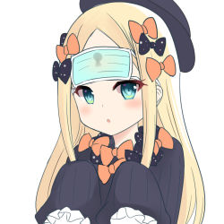 Rule 34 | 1girl, abigail williams (fate), black bow, black dress, black hat, blonde hair, blue eyes, blush, bow, breasts, dress, fate/grand order, fate (series), forehead, hair bow, hat, keyhole, long hair, mask, mask on head, milkshakework, mouth mask, multiple hair bows, open mouth, orange bow, parted bangs, polka dot, polka dot bow, ribbed dress, simple background, sleeves past fingers, sleeves past wrists, small breasts, surgical mask, white background