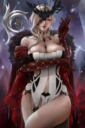Rule 34 | 1girl, arm under breasts, bare shoulders, black mask, blonde hair, breasts, cleavage, coat, dangle earrings, earrings, fishnet gloves, fishnets, fur-trimmed coat, fur trim, genshin impact, gloves, half mask, headpiece, highres, jewelry, lace-trimmed eyepatch, large breasts, mask, mask over one eye, mole, mole on breast, navel, one eye covered, red gloves, signora (genshin impact), thick thighs, thighs, wtparadise