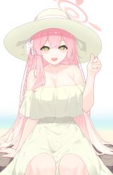 Rule 34 | 1girl, arm support, armpit crease, blue archive, blush, braid, breasts, cleavage, collarbone, dress, halo, hanako (blue archive), hand on headwear, hat, highres, large breasts, long hair, looking at viewer, off-shoulder dress, off shoulder, parsleyshrimp, pink hair, sitting, smile, sun hat, very long hair, yellow dress