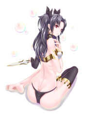 Rule 34 | 1girl, absurdres, armlet, ass, asymmetrical gloves, asymmetrical legwear, back, bad id, bad pixiv id, bare arms, bare back, bare legs, bare shoulders, barefoot, black bridal gauntlets, black collar, black gloves, black hair, black panties, black ribbon, breasts, bridal gauntlets, bubble, butt crack, c:, closed mouth, collar, dagger, earrings, elbow gloves, fate/grand order, fate (series), female focus, finger to own chin, full body, gloves, hair ribbon, hand up, highres, holding, holding dagger, holding knife, holding weapon, hoop earrings, ishtar (fate), jewelry, knife, legs, long hair, looking at viewer, looking back, lots of jewelry, medium breasts, midriff, nisemono, no crown, panties, parted bangs, red eyes, revealing clothes, ribbon, shadow, sideboob, single bridal gauntlet, single elbow glove, single glove, single thighhigh, sitting, smile, soles, solo, strapless, thighhighs, thighlet, tohsaka rin, two side up, type-moon, underwear, uneven gloves, uneven legwear, wariza, weapon, white background, yokozuwari