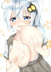 Rule 34 | 1girl, ahoge, aties20, blue eyes, blunt bangs, blush, grabbing another&#039;s breast, breast lift, breast sucking, breasts, breasts squeezed together, grabbing, grabbing own breast, hair between eyes, hair ornament, kizuna akari, lactation, large breasts, long hair, looking at viewer, milk, nipples, open clothes, open mouth, open shirt, ponytail, self breast sucking, side ponytail, smile, solo, voiceroid, white hair