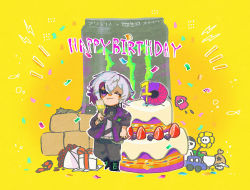 Rule 34 | 1boy, animal ears, black footwear, black jacket, black pants, boots, bouquet, box, cake, can, cardboard box, cat, chibi, closed mouth, cross-laced footwear, crossover, cup, drinking glass, energy drink, flower, flowey (undertale), food, fuwa minato, gift, gift box, grey hair, hair between eyes, happy birthday, holding, holding cup, inkling, inkling player character, jacket, kiduta cielo, lace-up boots, lightning bolt symbol, long sleeves, male focus, monster energy, multicolored hair, multiple crossover, nijisanji, nintendo, notice lines, one eye closed, open clothes, open jacket, pants, petals, purple eyes, purple hair, red flower, red rose, rose, shirt, splatoon (series), streaked hair, undertale, virtual youtuber, white shirt, wine glass, yellow background