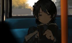 Rule 34 | 1girl, absurdres, black hair, blurry, blurry foreground, book, bow, bus interior, closed mouth, day, green eyes, hair bow, hand up, highres, holding, holding book, long sleeves, original, reading, short hair, solo, suiso (owp), upper body