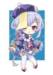 Rule 34 | 1girl, absurdres, blue shorts, braid, cape, capelet, chibi, child, coin hair ornament, commentary request, full body, genshin impact, hair between eyes, hair ornament, hat, highres, jiangshi, long hair, long sleeves, looking at viewer, low ponytail, ofuda, parted lips, pone (user smrj2588), purple eyes, purple hair, qingdai guanmao, qiqi (genshin impact), shorts, sidelocks, simple background, single braid, solo, standing, thighhighs, vision (genshin impact), white thighhighs, wide sleeves, zettai ryouiki