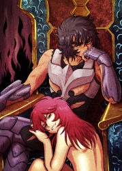 Rule 34 | androgynous, andromeda shun, armor, blue hair, brothers, gender request, guilchii, hades (mythology), nude, phoenix ikki, red hair, saint seiya, siblings, sitting, throne