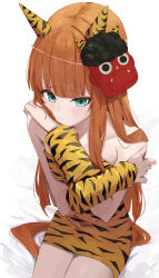 Rule 34 | 1girl, animal print, aqua eyes, bare shoulders, blunt bangs, commentary request, covering breasts, covering privates, detached sleeves, embarrassed, from above, highres, horse girl, looking at viewer, mask, ningen gokko, oni costume, oni mask, orange hair, silence suzuka (umamusume), simple background, sitting, skirt, solo, strapless, tiger print, tube top, umamusume, white background, yellow skirt, yellow tube top