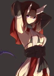 Rule 34 | 1girl, armpits, arms behind head, arms up, black bra, black gloves, blush, bra, breasts, broken horn, brown hair, capelet, cleavage, demon girl, demon horns, elbow gloves, eriko (princess connect!), fur-trimmed capelet, fur trim, gloves, highres, horns, large breasts, looking at viewer, momiji oroshi, princess connect!, purple eyes, red capelet, shaded face, short hair, solo, spiked tail, tail, underwear