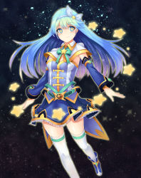 Rule 34 | + +, 1girl, alternate costume, blue hair, detached sleeves, erica (soccer spirits), hair ornament, hairband, long hair, looking at viewer, moing, smile, soccer spirits, solo, standing, star (symbol), thighhighs, white thighhighs
