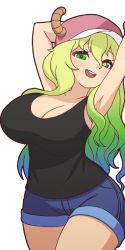 Rule 34 | 1girl, arm behind back, armpits, arms up, black tank top, blonde hair, blue hair, blue shorts, breasts, cleavage, contrapposto, cowboy shot, dragon horns, eyebrows hidden by hair, gradient hair, green eyes, green hair, hat, heterochromia, horns, kobayashi-san chi no maidragon, large breasts, long hair, lucoa (maidragon), mike inel, mismatched pupils, multicolored hair, open mouth, pink hat, purple eyes, round teeth, short shorts, shorts, smile, solo, tank top, teeth, transparent background