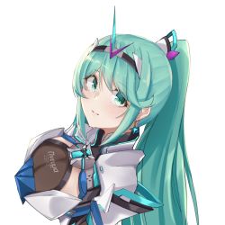 Rule 34 | 1girl, breasts, chest jewel, earrings, from above, green eyes, green hair, highres, jewelry, large breasts, long hair, looking at viewer, pneuma (xenoblade), ponytail, sarasadou dan, simple background, smile, solo, spoilers, swept bangs, tiara, upper body, white background, xenoblade chronicles (series), xenoblade chronicles 2
