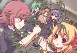 Rule 34 | 4girls, :o, animal ears, bad id, bad pixiv id, bamboo, blonde hair, blue eyes, blue hair, cirno, commentary request, contemporary, dutch angle, green eyes, green hair, grin, hair ribbon, indoors, looking at another, looking at viewer, moriya suwako, multiple girls, mystia lorelei, naname ushiro, necktie, open mouth, pink eyes, pink hair, pyonta, red eyes, red necktie, ribbon, rumia, school uniform, short hair, short sleeves, smile, tanabata, tanzaku, team 9, tile floor, tiles, touhou, wavy mouth, wriggle nightbug
