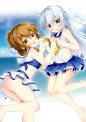 Rule 34 | 2girls, :o, ass, beach, bikini, bikini skirt, blue bikini, blue eyes, blue sailor collar, blue skirt, brown eyes, brown hair, cloud, cloudy sky, feet out of frame, flat chest, folded ponytail, hair between eyes, hair ornament, hairclip, hibiki (kancolle), highres, holding hands, inazuma (kancolle), island, kantai collection, long hair, looking at viewer, multiple girls, ocean, sailor collar, skirt, sky, smile, standing, standing on one leg, swimsuit, water, white hair, white sailor collar, white skirt, yellow neckwear, yuto sepiacolor