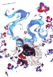 Rule 34 | 1girl, 7th dragon, 7th dragon (series), 7th dragon 2020, 7th dragon 2020-ii, bad id, bad pixiv id, blue hair, character name, closed eyes, floating hair, floro (7th dragon), flower, hand on own chest, hatsune miku, headphones, long hair, solo, thighhighs, twintails, very long hair, vialize, vocaloid, white background
