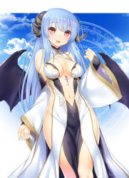 Rule 34 | 1girl, 47agdragon, :d, blue hair, blue sky, breasts, center opening, cloud, cloudy sky, copyright request, day, demon girl, demon wings, detached sleeves, dress, highres, horns, leo (symbol), long hair, magic circle, medium breasts, navel, no panties, open mouth, original, outdoors, pelvic curtain, pink eyes, pinky out, side slit, sky, smile, solo, tattoo, taurus (symbol), turtleneck, wide sleeves, wings