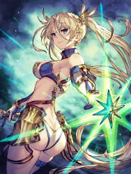 Rule 34 | 1girl, ass, bare shoulders, blonde hair, blue eyes, blush, bradamante (fate), bradamante (third ascension) (fate), braid, breasts, butt crack, cleavage, crown braid, elbow gloves, energy barrier, energy shield, fate/grand order, fate (series), floating hair, french braid, gloves, hair between eyes, highres, holding, holding polearm, holding spear, holding weapon, kusano shinta, leotard, long hair, looking at viewer, looking back, medium breasts, outdoors, polearm, ribbon, shield, sidelocks, skindentation, smile, solo, spear, thigh strap, twintails, twisted torso, very long hair, weapon, wind