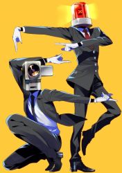 Rule 34 | 2boys, arm behind head, arm up, black footwear, black neckwear, black pants, black suit, buttons, camcorder, collared shirt, commentary request, formal, full body, gloves, lapels, leg up, long sleeves, male focus, movie thief, multiple boys, necktie, no more eiga dorobou, object head, outstretched arm, pants, patlite, pocket, pointing, pointing at another, red neckwear, rotating light, shirt, simple background, squatting, standing, standing on one leg, suit, tyuraba, video camera, white gloves, white shirt, yellow background