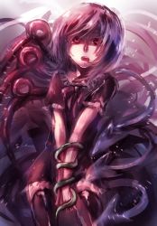 Rule 34 | 1girl, asymmetrical wings, bad id, bad pixiv id, black hair, black thighhighs, bow, cowboy shot, dress, highres, houjuu nue, motion lines, open mouth, red eyes, short dress, short hair, skura01, snake, solo, tears, thighhighs, touhou, wings, zettai ryouiki