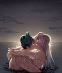 Rule 34 | 1boy, 1girl, absurdres, arm around shoulder, blurry, braid, brown hair, couple, curled horns, depth of field, dripping, eyelashes, closed eyes, face-to-face, facepaint, fingernails, grey sky, hetero, highres, horizon, horns, hug, kiss, long hair, long sleeves, nature, ninto, ocean, original, outstretched arms, own hands together, partially submerged, see-through, sheep horns, shirt, side braid, silver hair, single braid, sky, upper body, water, wet, wet clothes, wet hair, wet shirt, white shirt