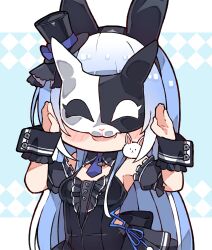 Rule 34 | 1girl, :d, animal ears, black sleeves, blue hair, blunt bangs, blush stickers, center frills, chibi, commentary, detached sleeves, don-chan (usada pekora), english commentary, fake animal ears, frills, hat, highres, hololive, kukie-nyan, long hair, looking at viewer, mask, mini hat, mini top hat, multicolored hair, official alternate costume, official alternate hairstyle, open mouth, puffy detached sleeves, puffy short sleeves, puffy sleeves, rabbit ears, rabbit mask, rabbit pose, short sleeves, skin tight, smile, smug, solo, streaked hair, top hat, two-tone hair, usada pekora, usada pekora (furi furi bunny dress), virtual youtuber, white hair, wrist cuffs