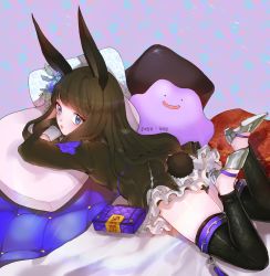 Rule 34 | 10s, 1girl, animal ears, ass, bed, black dress, black panties, black thighhighs, blade &amp; soul, blue eyes, brown hair, creatures (company), crossed arms, crossover, ditto, dress, flower, game freak, gen 1 pokemon, hair flower, hair ornament, highres, hungry jamal, legs up, long hair, looking back, lying, lyn (blade &amp; soul), nintendo, on stomach, panties, pillow, pokemon, pokemon (creature), rabbit ears, shoes, short dress, tail, thighhighs, thighs, underwear, zettai ryouiki