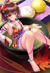 Rule 34 | 1girl, alternate costume, bare legs, barefoot, bell, bow, breasts, brown hair, cleavage, closed mouth, detached sleeves, feet, flower, food, hair bow, hair flower, hair ornament, hair tubes, hakurei reimu, highres, in bowl, in container, indoors, jingle bell, looking at viewer, medium breasts, mini person, minigirl, nail polish, obi, red eyes, red flower, red nails, sash, sidelocks, smile, solo, soup, toenail polish, toenails, toes, touhou, tray, uemura shun