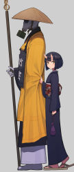 Rule 34 | 1boy, 1girl, bad id, bad pixiv id, black hair, commentary request, gas mask, grey background, hat, highres, holding, holding staff, horns, japanese clothes, kimono, mask, md5 mismatch, monk, oni, oni horns, original, resolution mismatch, sandals, sash, short hair, simple background, staff, straw hat, wozora, yellow eyes, zouri
