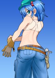 Rule 34 | 1girl, ass, back, belt, blue background, blue eyes, blue hair, blush, denim, female focus, from behind, glove pull, gloves, hair bobbles, hair ornament, hammer, hat, highres, iromeki overdrive, jeans, kawashiro nitori, matching hair/eyes, over shoulder, pants, pouch, short hair, simple background, solo, spine, tank top, tools, touhou, twintails, two side up
