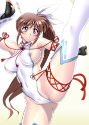 Rule 34 | 1girl, areola slip, blush, breasts, brown hair, cameltoe, cleft of venus, covered erect nipples, covered navel, high kick, kicking, large breasts, leg up, leotard, long hair, lyrical nanoha, mahou shoujo lyrical nanoha, mahou shoujo lyrical nanoha strikers, official alternate costume, purple eyes, revealing clothes, sakura ryuuken, sideboob, sideless outfit, solo, split, standing, standing on one leg, standing split, takamachi nanoha, white leotard