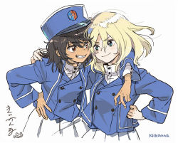 Rule 34 | 2girls, andou (girls und panzer), arm around neck, artist name, bc freedom (emblem), bc freedom military uniform, black hair, blonde hair, blue eyes, blue headwear, blue jacket, blue vest, brown eyes, closed mouth, commentary request, dark-skinned female, dark skin, dress shirt, emblem, girls und panzer, grin, hand on own hip, hat, high collar, jacket, kepi, kiikanna, long sleeves, looking at another, medium hair, messy hair, military, military hat, military uniform, multiple girls, oshida (girls und panzer), pleated skirt, shirt, side-by-side, signature, simple background, skirt, smile, uniform, vest, white background, white shirt, white skirt