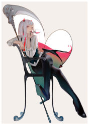 Rule 34 | 1girl, black legwear, chair, corset, cup, demon wings, dress shirt, drinking glass, high heels, horns, crossed legs, lipstick, looking at viewer, makeup, nail polish, necktie, nizuma, original, pouring, red lips, scythe, shirt, simple background, sitting, skull, sleeves pushed up, solo, white hair, wine glass, wings