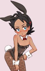 Rule 34 | 1boy, animal ears, bare shoulders, black hairband, black leotard, blue eyes, blush, commentary request, creatures (company), detached collar, eyelashes, fishnet pantyhose, fishnets, game freak, goh (pokemon), hair ornament, hairband, hand on own hip, head tilt, highres, leaning forward, leotard, male focus, male playboy bunny, nico o0, nintendo, open mouth, pantyhose, pokemon, pokemon (anime), pokemon journeys, rabbit ears, rabbit tail, solo, tail, tongue, wrist cuffs