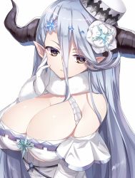 Rule 34 | 10s, 1girl, bare shoulders, breasts, brown eyes, cleavage, commentary request, detached collar, detached sleeves, dress, emia (castilla), expressionless, flower, fur-trimmed sleeves, fur collar, fur trim, gloves, granblue fantasy, hair between eyes, hair flower, hair ornament, hand on own cheek, hand on own face, hat, horns, izmir, large breasts, long hair, mole, mole under mouth, pointy ears, silver hair, simple background, snowflake hair ornament, solo, straight hair, strapless, strapless dress, tsurime, very long hair, white background, white dress, white gloves, white hat