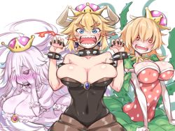 Rule 34 | 3girls, :d, armlet, black nails, black sclera, blonde hair, blue eyes, blush, bowsette, bracelet, breasts, breath weapon, breathing fire, bursting breasts, claw pose, cleavage, collar, collarbone, colored sclera, commentary request, covered navel, covering face, crown, earrings, esoragoto, fire, forked eyebrows, frills, highres, horns, jewelry, large breasts, long hair, looking at viewer, luigi&#039;s mansion, mario (series), monster girl, multiple girls, nail polish, navel, new super mario bros. u deluxe, nintendo, nose blush, open mouth, orange eyes, peeking through fingers, pink eyes, piranha plant, plant, plant girl, pointy ears, polka dot, princess king boo, puffy short sleeves, puffy sleeves, sharp teeth, short hair, short sleeves, smile, spiked armlet, spiked bracelet, spiked collar, spikes, super crown, teeth, thorns, v-shaped eyebrows, vines, white hair