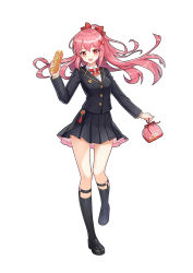 Rule 34 | 1girl, bento, black footwear, black jacket, black skirt, black socks, blush, bow, breasts, food, food request, frilled skirt, frills, full body, hair bow, hair ornament, hand up, holding, holding food, jacket, long hair, long sleeves, looking at viewer, mary janes, medium breasts, neck ribbon, official art, open mouth, pink hair, pleated skirt, red eyes, ribbon, sangai senki, school uniform, shirt, shoes, simple background, skirt, smile, socks, solo, standing, standing on one leg, tamaxi123, white background, white shirt, x hair ornament, yakisoba