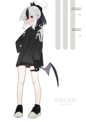 Rule 34 | 1girl, absurdres, black footwear, black gloves, black hair, black horns, black jacket, black wings, blue archive, english text, fataaa, full body, gloves, grey halo, halo, highres, horns, jacket, kayoko (blue archive), long sleeves, looking at viewer, multicolored hair, red eyes, shoes, short hair, single wing, sneakers, solo, standing, thigh strap, two-tone hair, white hair, wings