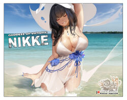 Rule 34 | 1girl, beach, bikini, black hair, blue flower, blue nails, blue sky, breasts, cleavage, cloud, collar, commentary, copyright name, day, english commentary, fingernails, flower, goddess of victory: nikke, highres, hu dako, large breasts, long hair, mary (bay goddess) (nikke), mary (nikke), nail polish, navel, ocean, official alternate costume, outdoors, partially submerged, patreon username, sky, smile, solo, swimsuit, white bikini