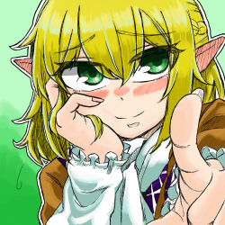 Rule 34 | 1girl, arm warmers, blonde hair, blush, braid, brown shirt, closed mouth, commentary request, ear blush, fingernails, french braid, green background, green eyes, hair between eyes, hand on own cheek, hand on own face, head rest, looking at viewer, medium bangs, mizuhashi parsee, outline, pointing, pointing at viewer, pointy ears, rize muri, scarf, shirt, short hair, short sleeves, smile, solo, touhou, upper body, white outline, white scarf