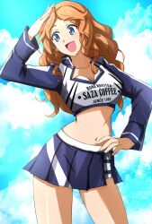 Rule 34 | 1girl, alternate costume, blue eyes, blue skirt, blue sky, clothes writing, cloud, cloudy sky, commentary, cowboy shot, cropped jacket, day, english text, girls und panzer, green jacket, hand on own hip, head tilt, highres, isabe (girls und panzer), jacket, long hair, long sleeves, looking to the side, midriff, miniskirt, navel, omachi (slabco), open mouth, orange hair, outdoors, pleated skirt, shading eyes, skirt, sky, smile, solo, standing, wavy hair