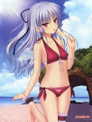 Rule 34 | 1girl, absurdres, angel beats!, barefoot, beach, bikini, blue ribbon, blue sky, bracelet, breasts, cleavage, cloud, collarbone, copyright name, day, feathered wings, floating hair, food, hair ribbon, highres, holding, jewelry, leg up, long hair, looking at viewer, na-ga, official art, outdoors, ponytail, popsicle, red bikini, red eyes, ribbon, shiny skin, side-tie bikini bottom, sideboob, silver hair, sky, small breasts, solo, standing, standing on one leg, sun, sunlight, swimsuit, tenshi (angel beats!), thigh strap, tongue, tongue out, very long hair, wings