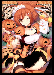 Rule 34 | 10s, 1girl, black neckwear, black skirt, blush, bow, breasts, candy (smile precure!), choker, closed eyes, cure sunny, dress, ghost, half updo, halloween, hino akane (smile precure!), jack-o&#039;-lantern, lace, lace-trimmed skirt, lace trim, leg up, looking at viewer, magical girl, matching hair/eyes, medium breasts, migumigu, one eye closed, orange eyes, orange hair, panties, pantyshot, patterned legwear, precure, pumpkin, short hair, skirt, smile, smile precure!, solo, striped clothes, striped thighhighs, thighhighs, underwear, upskirt, wink