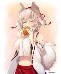 Rule 34 | 1girl, animal ears, blush, bread, breasts, closed eyes, commentary request, detached sleeves, eating, food, hat, holding, inubashiri momiji, large breasts, midriff, navel, pom pom (clothes), red skirt, ribbon-trimmed sleeves, ribbon trim, skirt, smile, solo, tail, tokin hat, touhou, twitter username, white hair, wide sleeves, wolf ears, wolf tail, yanagi yuu