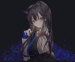 Rule 34 | 0 (znanimo), 1girl, abstract background, animal ear fluff, animal ear piercing, animal ears, arknights, black background, black hair, black jacket, black vest, blue flower, blue gloves, blue necktie, blue rose, blue theme, breasts, clothes down, collared shirt, commentary, double-parted bangs, dress shirt, expressionless, extra ears, fingerless gloves, fingernails, flower, food, from side, gloves, hair between eyes, hair flowing over, hand up, head tilt, high collar, highres, holding, holding food, holding pocky, jacket, leaf, long hair, long sleeves, looking at viewer, medium breasts, nail polish, necktie, official alternate costume, open clothes, open jacket, orange eyes, pale skin, parted bangs, parted lips, piercing, pocky, rose, shirt, sidelocks, sleeve cuffs, solo, standing, straight hair, symbol-only commentary, texas (arknights), texas the omertosa (arknights), torn clothes, torn necktie, upper body, vest, white shirt, wing collar, wolf ears, wolf girl, wolf head