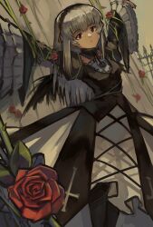 Rule 34 | 1girl, absurdres, black collar, black hairband, black pantyhose, black ribbon, black wings, breasts, brown eyes, closed mouth, collar, commentary, cross, cross-laced clothes, detached collar, dress, expressionless, feet out of frame, flower, frilled sleeves, frills, gothic lolita, hairband, highres, kornod, layered dress, lolita fashion, long hair, looking at viewer, neck ribbon, pantyhose, plant, red flower, red rose, ribbon, rose, rozen maiden, sidelocks, small breasts, solo, suigintou, vines, white dress, white hair, wide sleeves, wings